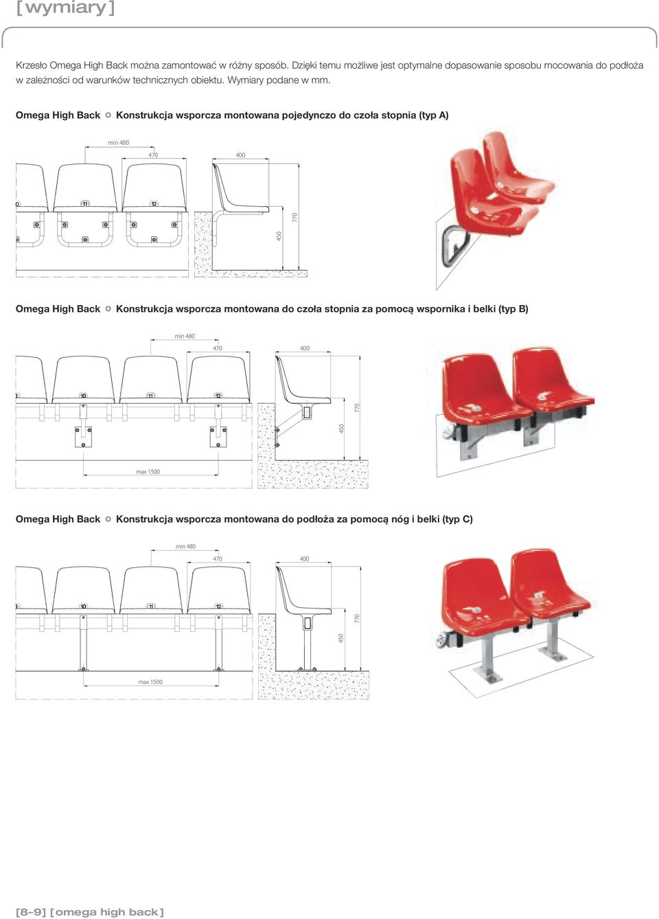 Omega High Back Konstrukcja wsporcza montowana pojedynczo do czoła stopnia (typ A) min 480 470 400 Omega High Back Konstrukcja wsporcza montowana do