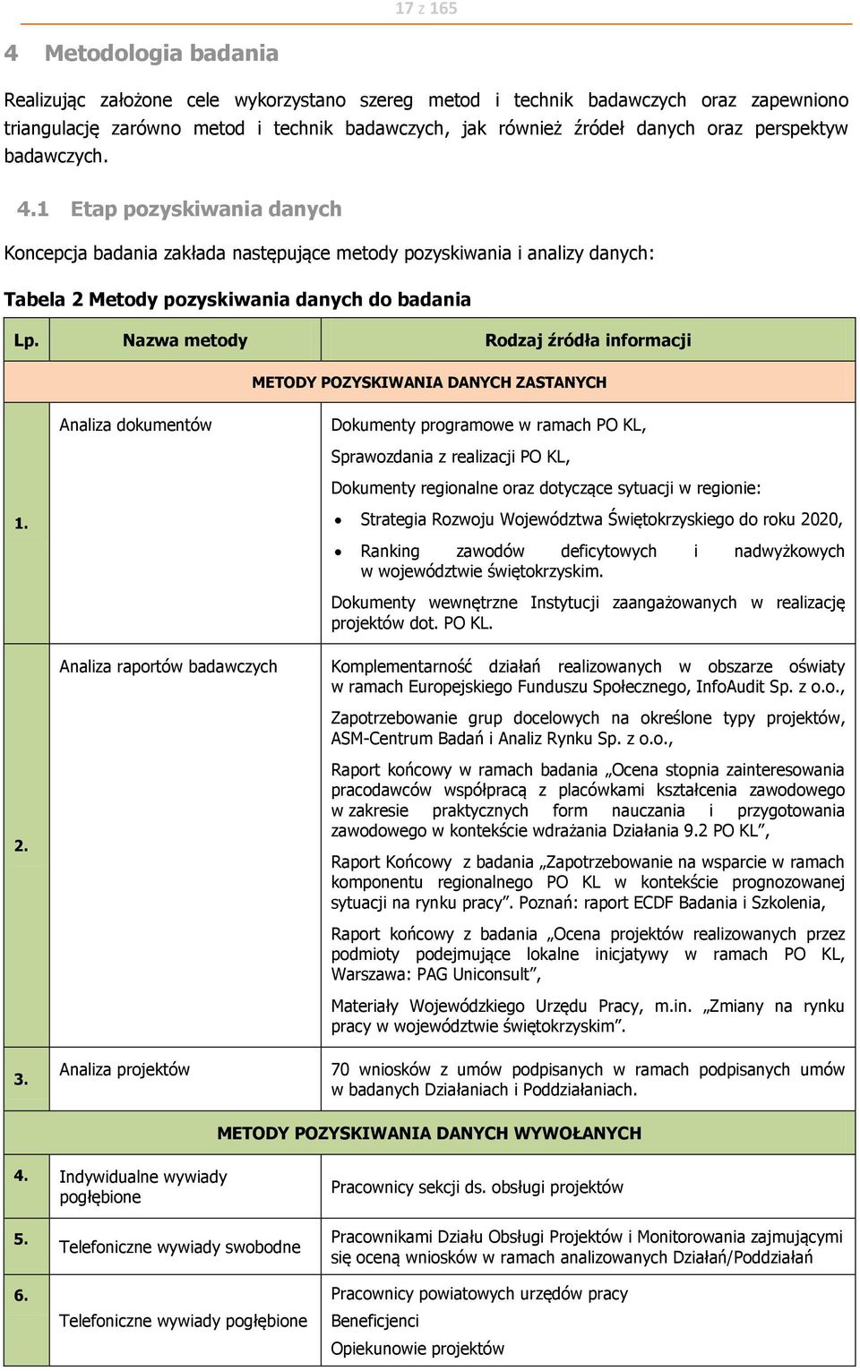 Nazwa metody Rodzaj źródła informacji METODY POZYSKIWANIA DANYCH ZASTANYCH Analiza dokumentów Dokumenty programowe w ramach PO KL, Sprawozdania z realizacji PO KL, Dokumenty regionalne oraz dotyczące