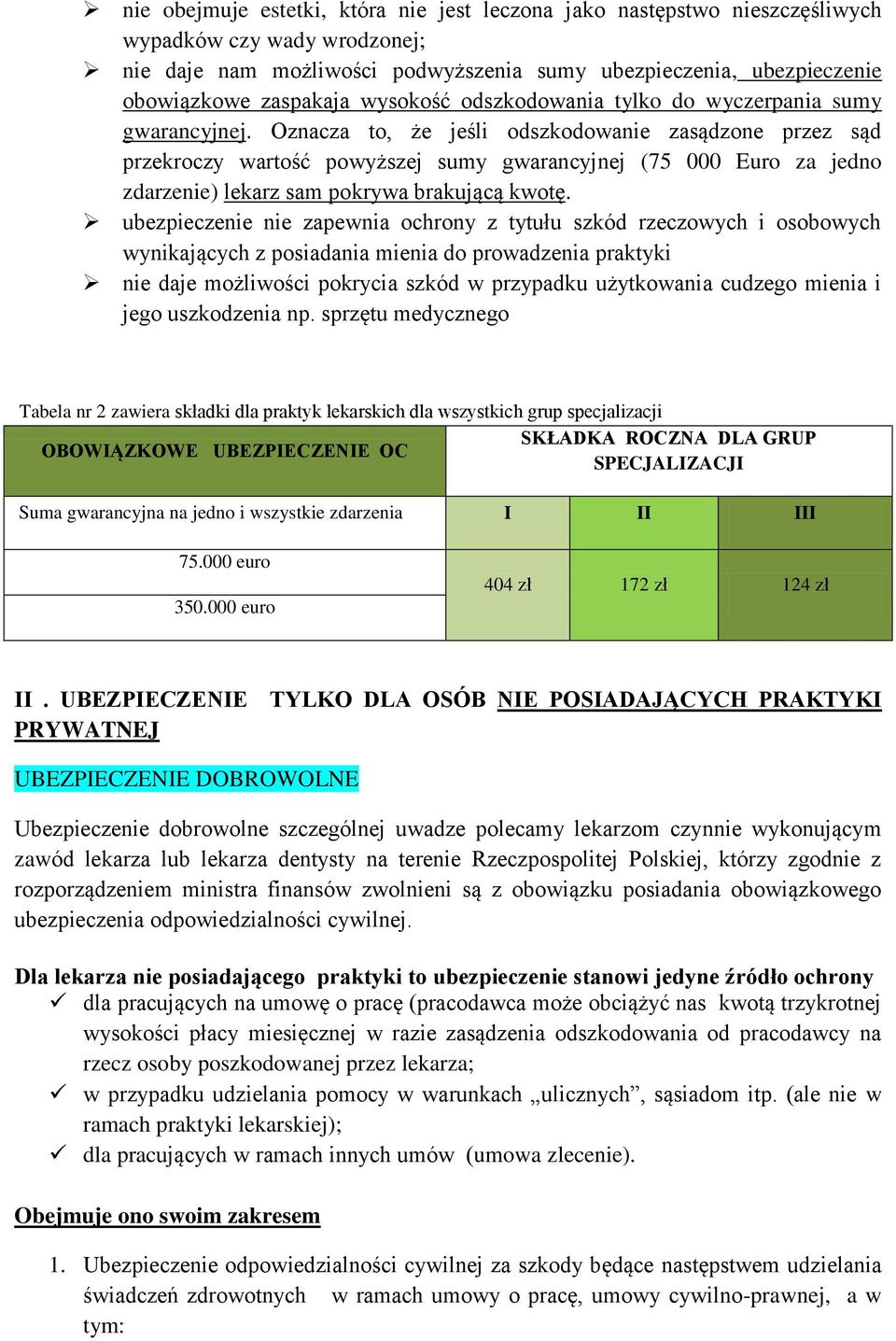 Oznacza to, że jeśli odszkodowanie zasądzone przez sąd przekroczy wartość powyższej sumy gwarancyjnej (75 Euro za jedno zdarzenie) lekarz sam pokrywa brakującą kwotę.