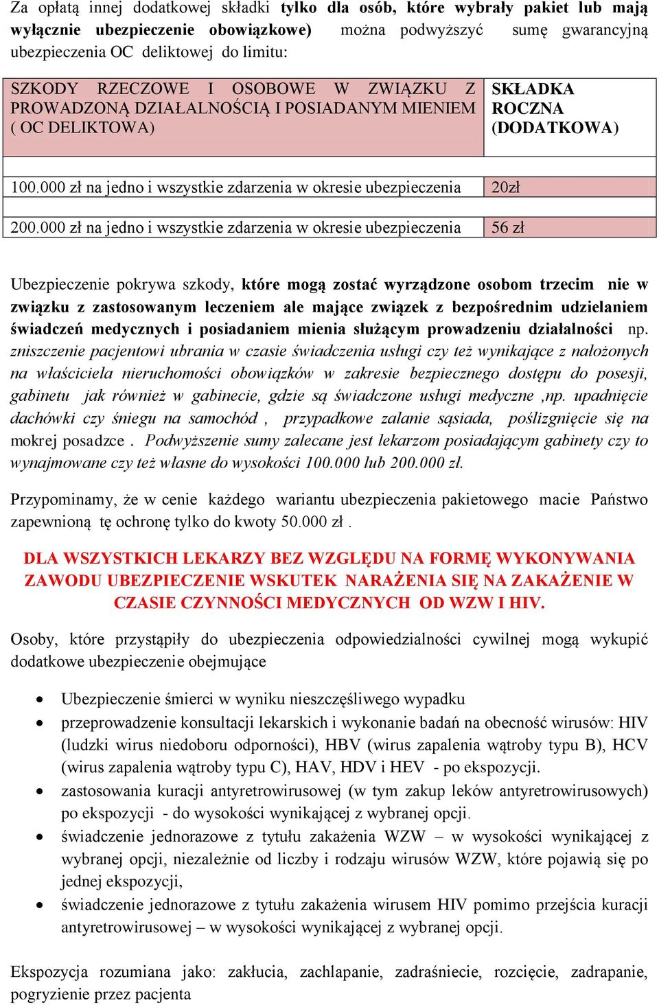 zł na jedno i wszystkie zdarzenia w okresie ubezpieczenia 56 zł Ubezpieczenie pokrywa szkody, które mogą zostać wyrządzone osobom trzecim nie w związku z zastosowanym leczeniem ale mające związek z