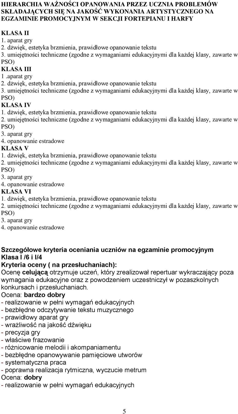 dżwięk, estetyka brzmienia, prawidłowe opanowanie tekstu 3. umiejętności techniczne (zgodne z wymaganiami edukacyjnymi dla każdej klasy, zawarte w PSO) KLASA IV 1.