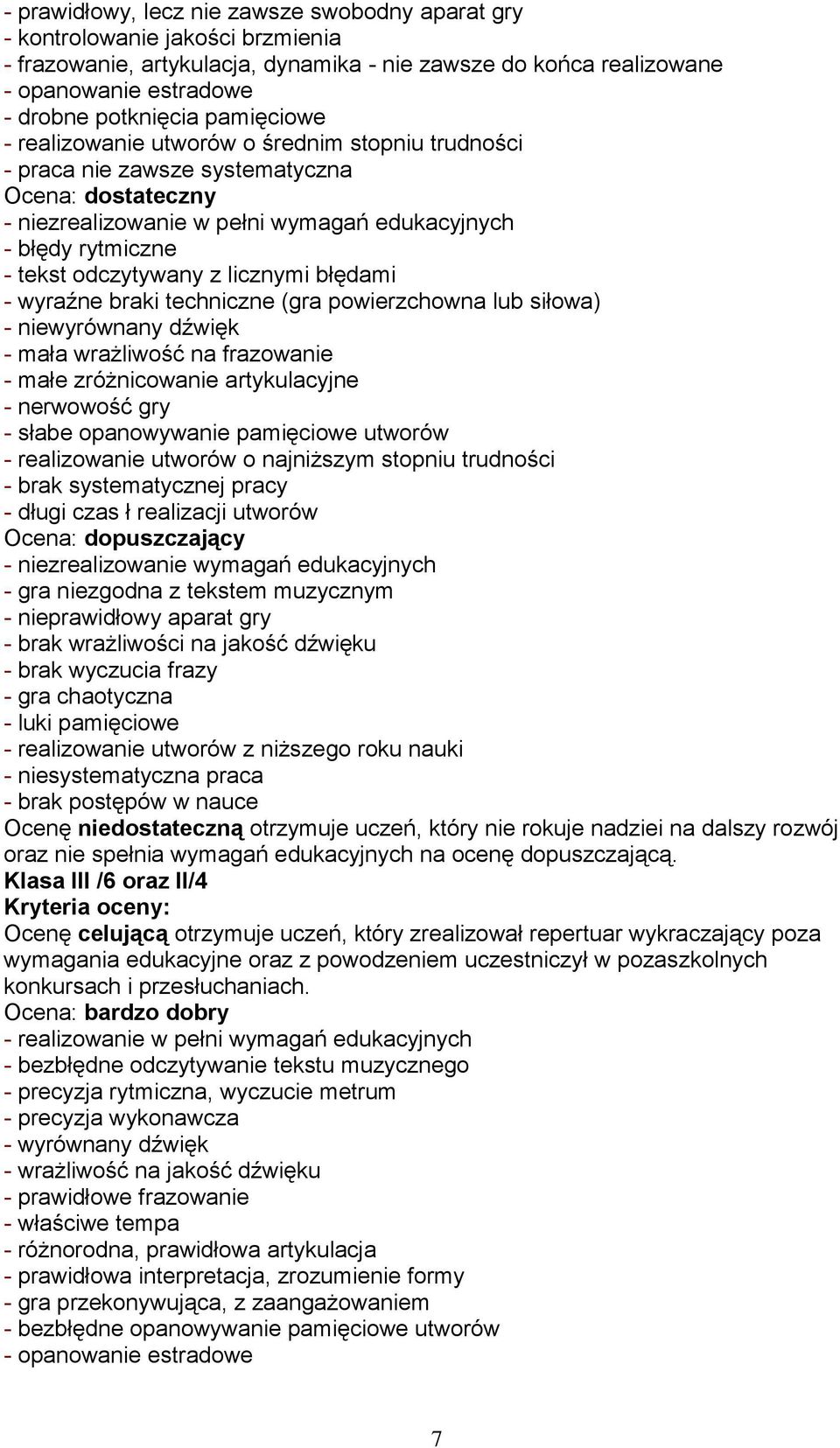 z licznymi błędami - wyraźne braki techniczne (gra powierzchowna lub siłowa) - niewyrównany dźwięk - mała wrażliwość na frazowanie - małe zróżnicowanie artykulacyjne - nerwowość gry - słabe