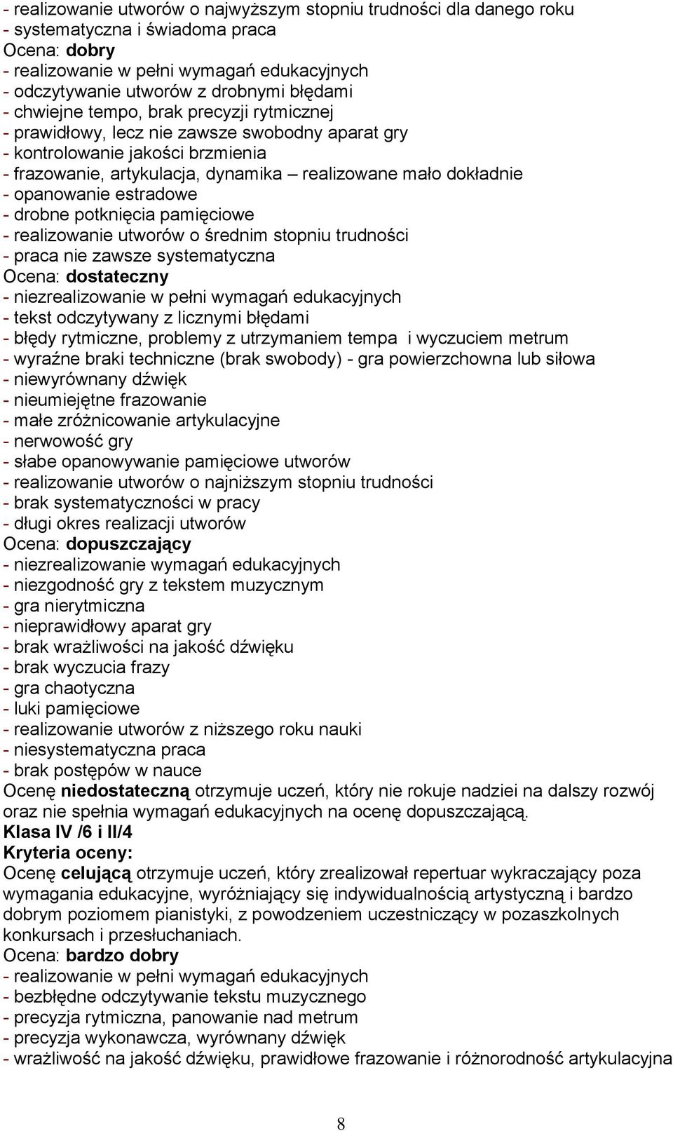 opanowanie estradowe - drobne potknięcia pamięciowe - realizowanie utworów o średnim stopniu trudności - praca nie zawsze systematyczna Ocena: dostateczny - niezrealizowanie w pełni wymagań