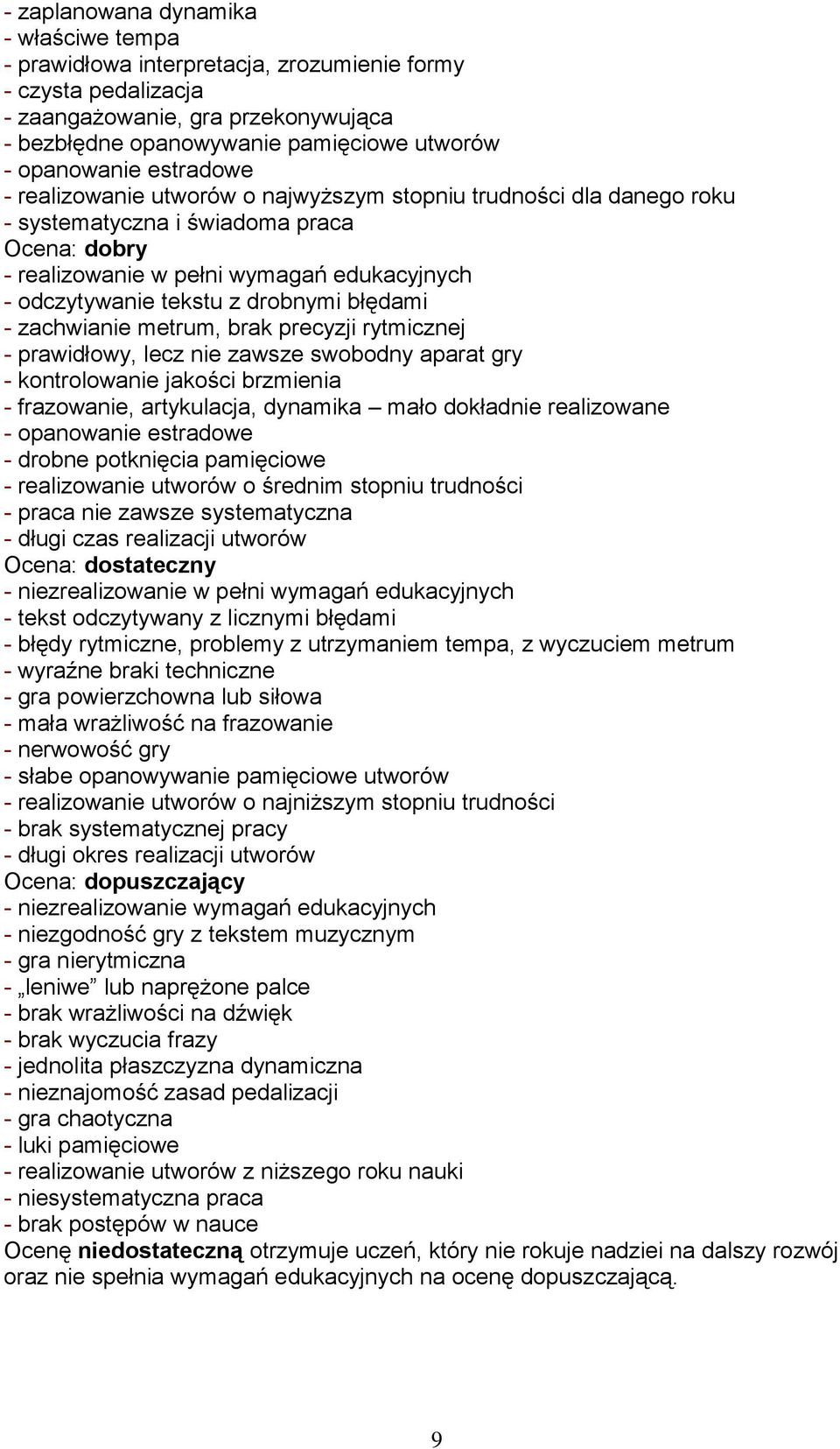 drobnymi błędami - zachwianie metrum, brak precyzji rytmicznej - prawidłowy, lecz nie zawsze swobodny aparat gry - kontrolowanie jakości brzmienia - frazowanie, artykulacja, dynamika mało dokładnie