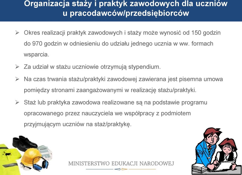 Na czas trwania stażu/praktyki zawodowej zawierana jest pisemna umowa pomiędzy stronami zaangażowanymi w realizację stażu/praktyki.