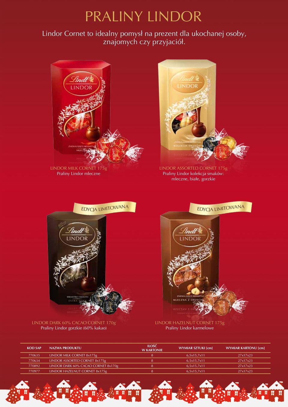 LIMITOWANA LINDOR DARK 60% CACAO CORNET 170g Praliny Lindor gorzkie (60% kakao) LINDOR HAZELNUT CORNET 175g Praliny Lindor karmelowe ILOŚĆ W 770635 LINDOR MILK