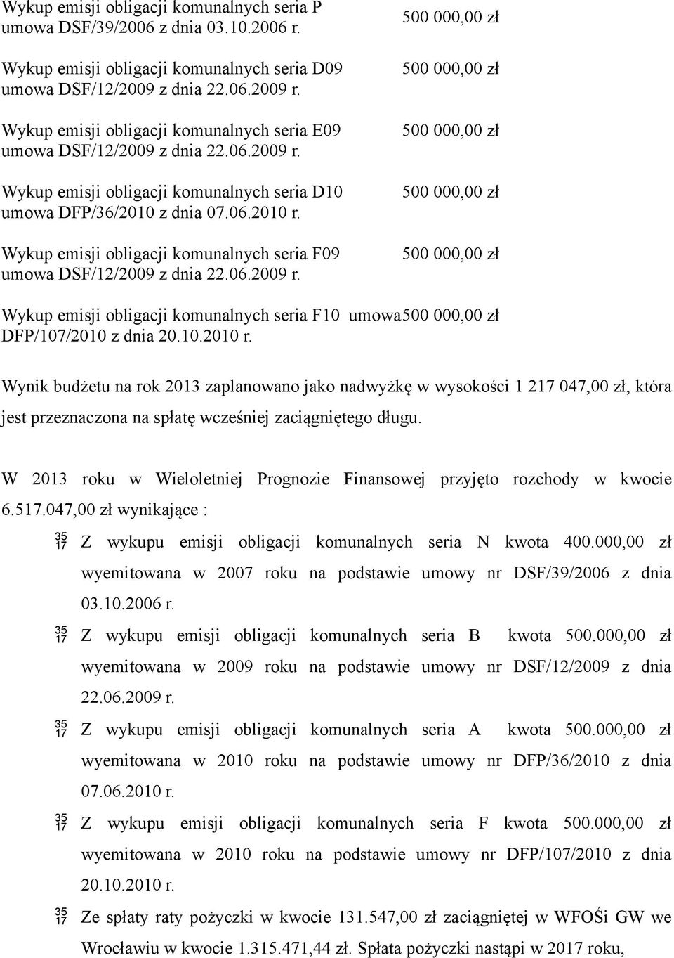 Wykup emisji obligacji komunalnych seria F09 Wykup emisji obligacji komunalnych seria F10 umowa DFP/107/2010 z dnia 20.10.2010 r.