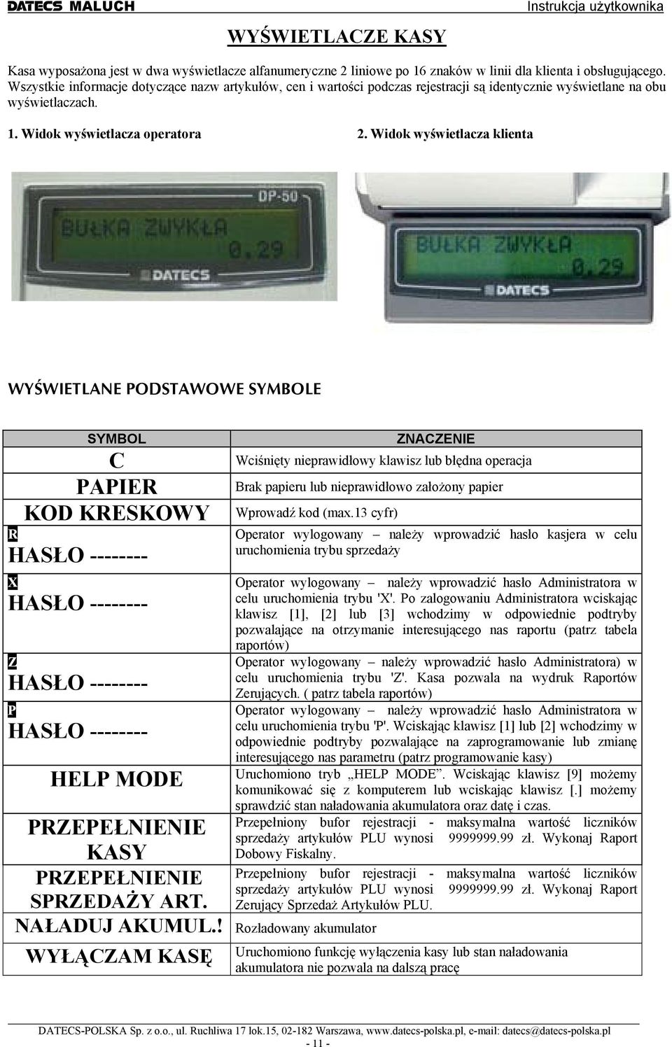 Widok wyświetlacza klienta WYŚWIELANE PDSAWWE SYMBLE SYMBL C PAPIER KD KRESKWY R HASŁ -------- HASŁ -------- Z HASŁ -------- P HASŁ -------- HELP MDE ZNACZENIE Wciśnięty nieprawidłowy klawisz lub