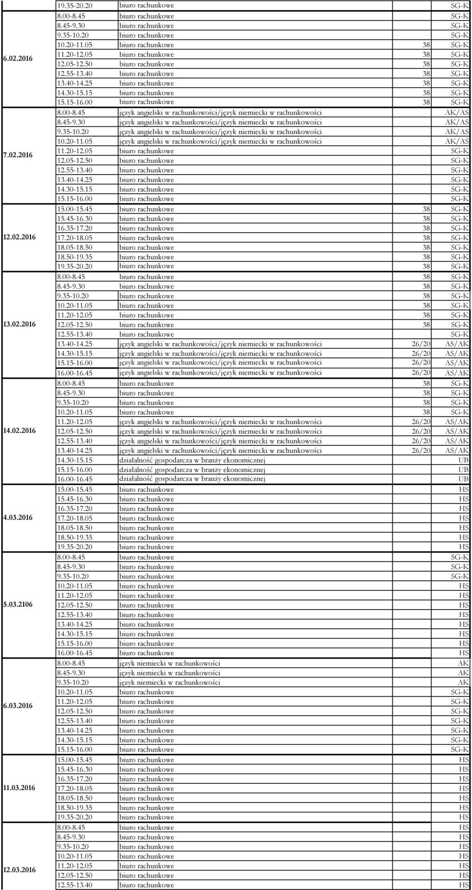 20 język angielski w rachunkowości/język niemiecki w rachunkowości AK/AS 10.20-11.05 język angielski w rachunkowości/język niemiecki w rachunkowości AK/AS 15.00-15.45 biuro rachunkowe 38 SG-K 15.