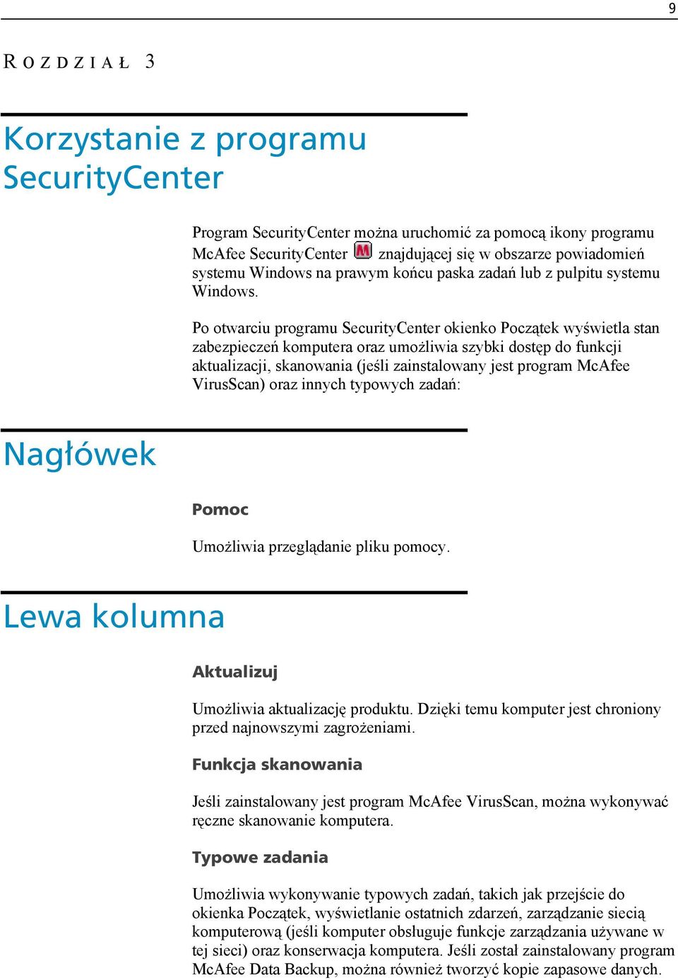 Po otwarciu programu SecurityCenter okienko Początek wyświetla stan zabezpieczeń komputera oraz umożliwia szybki dostęp do funkcji aktualizacji, skanowania (jeśli zainstalowany jest program McAfee