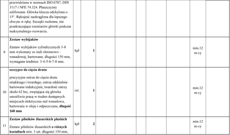 Zestaw wybijaków 9 Zestaw wybijaków cylindrycznych 3-8 mm wykonany ze stali chromowo - wanadowej, hartowane, długości 150 mm, wymagane średnice: 3-4-5-6-7-8 mm.