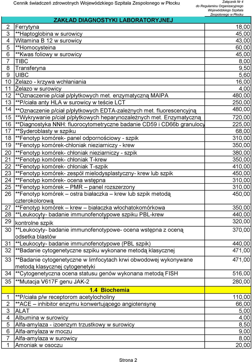 enzymatyczną MAIPA 480,00 13 **P/ciała anty HLA w surowicy w teście LCT 250,00 14 **Oznaczenie p/ciał p/płytkowych EDTA-zależnych met.