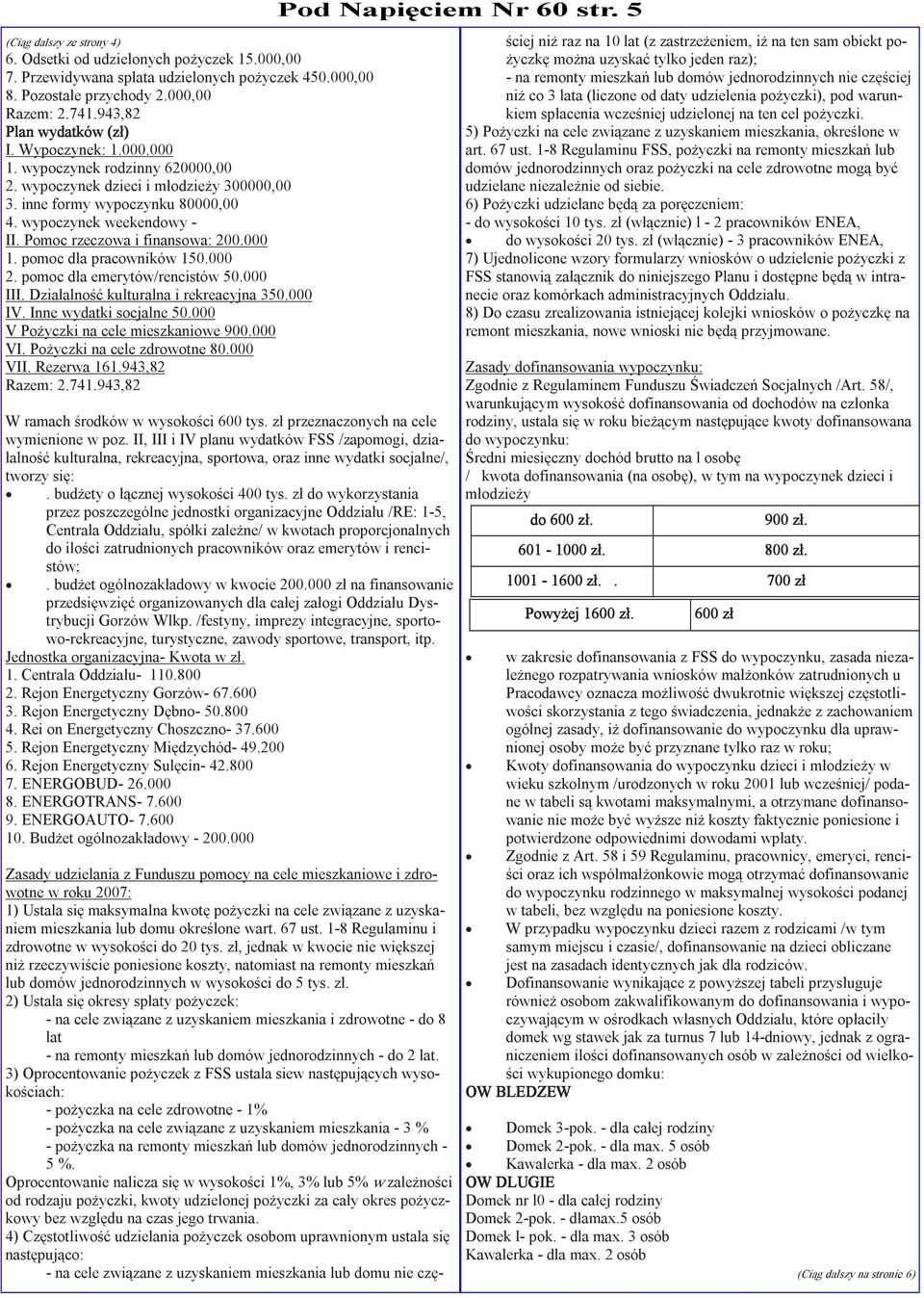 000 1. pomoc dla pracowników 150.000 2. pomoc dla emerytów/rencistów 50.000 III. Działalność kulturalna i rekreacyjna 350.000 IV. Inne wydatki socjalne 50.000 V PoŜyczki na cele mieszkaniowe 900.