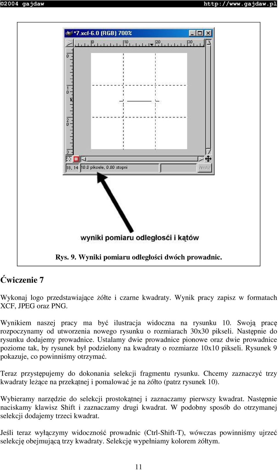 Ustalamy dwie prowadnice pionowe oraz dwie prowadnice poziome tak, by rysunek był podzielony na kwadraty o rozmiarze 10x10 pikseli. Rysunek 9 pokazuje, co powinnimy otrzyma.