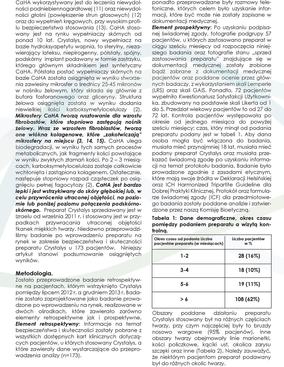 Crystalys, nowy wypełniacz na bazie hydroksyapetytu wapnia, to sterylny, niezawierający lateksu, niepirogenny, półstały, spójny, podskórny implant podawany w formie zastrzyku, którego głównym