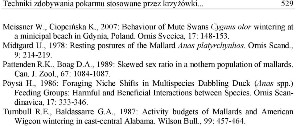 Can. J. Zool., 67: 1084-1087. Pöysä H., 1986: Foraging Niche Shifts in Multispecies Dabbling Duck (Anas spp.) Feeding Groups: Harmful and Beneficial Interactions between Species.