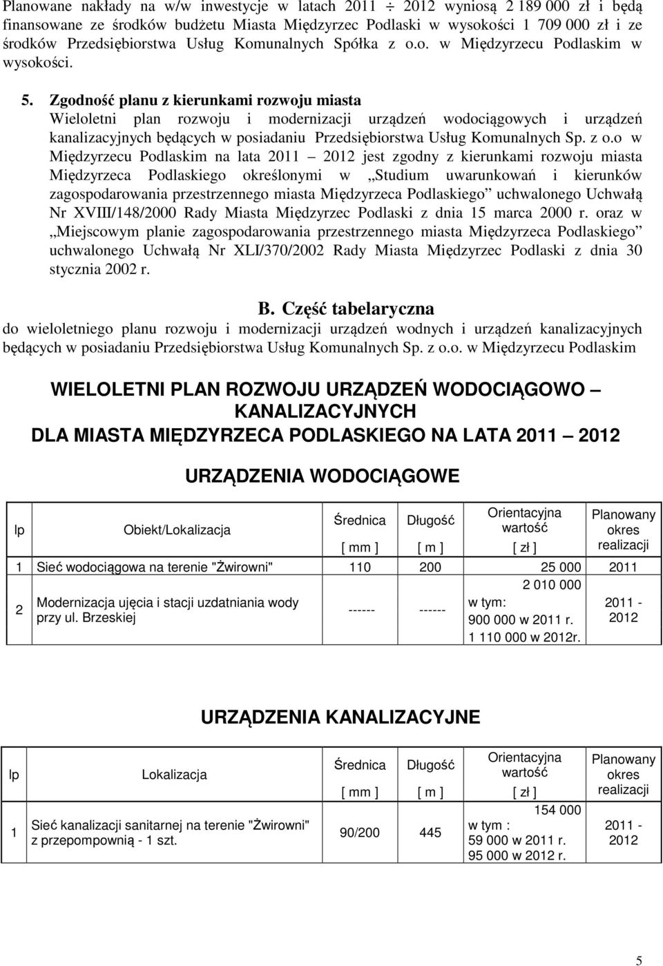 Zgodność planu z kierunkami rozwoju miasta Wieloletni plan rozwoju i modernizacji urządzeń wodociągowych i urządzeń kanalizacyjnych będących w posiadaniu Przedsiębiorstwa Usług Komunalnych Sp. z o.