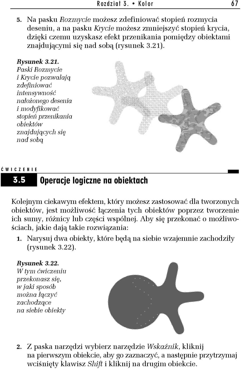 (rysunek 3.21). Rysunek 3.21. Paski Rozmycie i Krycie pozwalają zdefiniować intensywność nałożonego desenia i modyfikować stopień przenikania obiektów znajdujących się nad sobą Ć WICZENIE 3.