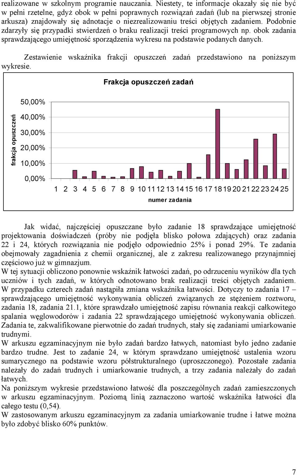 objętych zadaniem. Podobnie zdarzyły się przypadki stwierdzeń o braku realizacji treści programowych np. obok zadania sprawdzającego umiejętność sporządzenia wykresu na podstawie podanych danych.