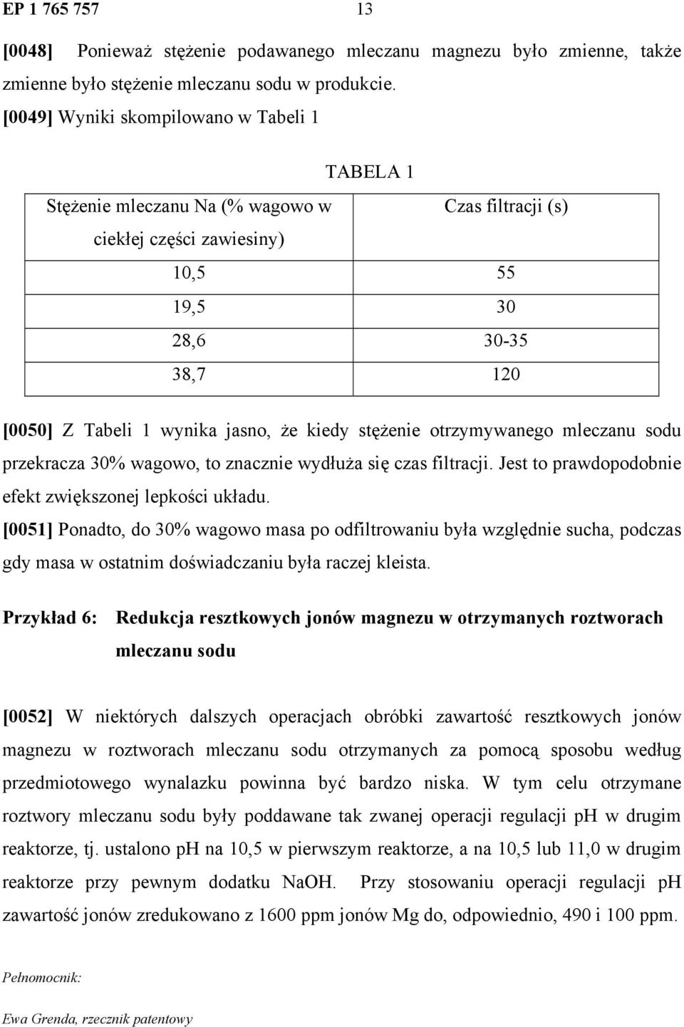 kiedy stężenie otrzymywanego mleczanu sodu przekracza 30% wagowo, to znacznie wydłuża się czas filtracji. Jest to prawdopodobnie efekt zwiększonej lepkości układu.