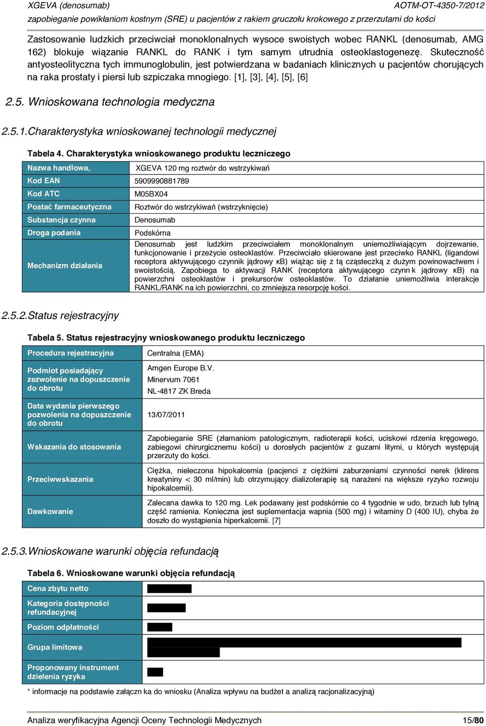 , [6] 2.5. Wnioskowana technologia medyczna 2.5.1.Charakterystyka wnioskowanej technologii medycznej Tabela 4.