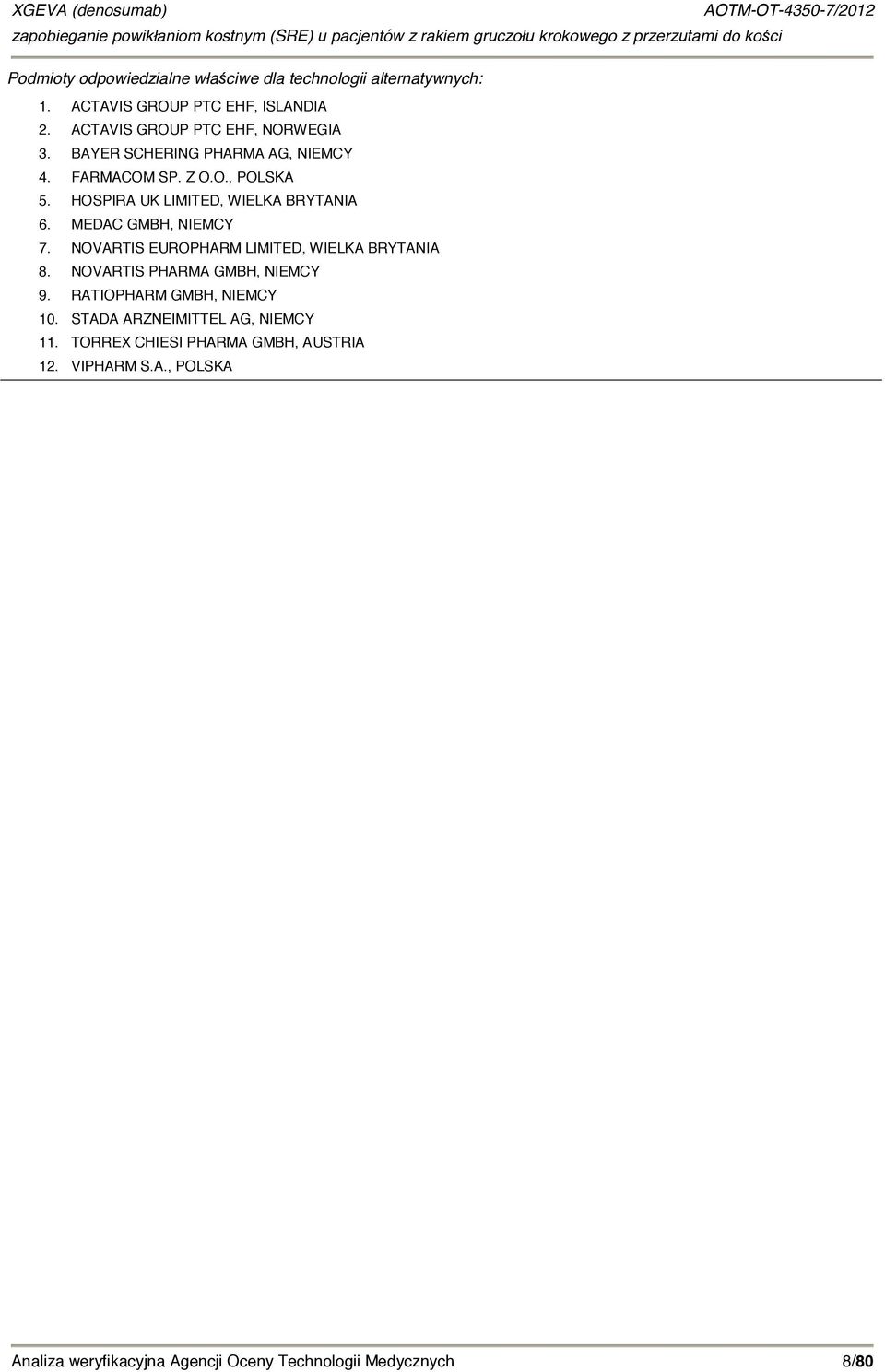 HOSPIRA UK LIMITED, WIELKA BRYTANIA 6. MEDAC GMBH, NIEMCY 7. NOVARTIS EUROPHARM LIMITED, WIELKA BRYTANIA 8.