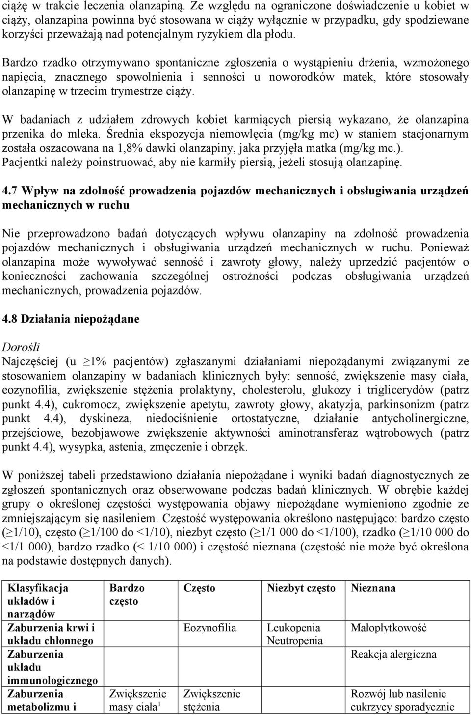 Bardzo rzadko otrzymywano spontaniczne zgłoszenia o wystąpieniu drżenia, wzmożonego napięcia, znacznego spowolnienia i senności u noworodków matek, które stosowały olanzapinę w trzecim trymestrze