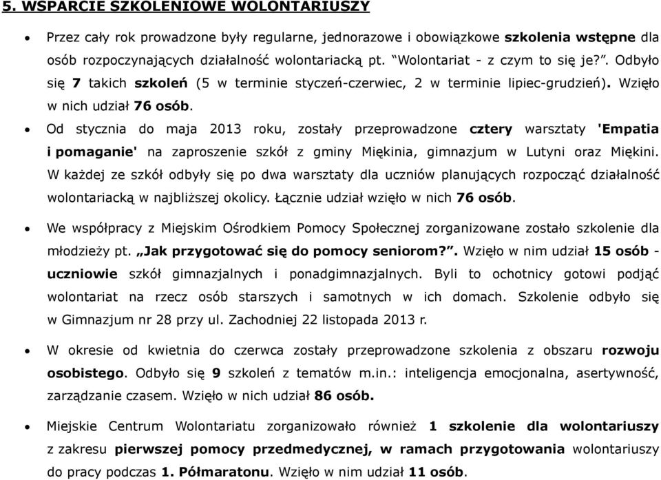 Od stycznia do maja 2013 roku, zostały przeprowadzone cztery warsztaty 'Empatia i pomaganie' na zaproszenie szkół z gminy Miękinia, gimnazjum w Lutyni oraz Miękini.