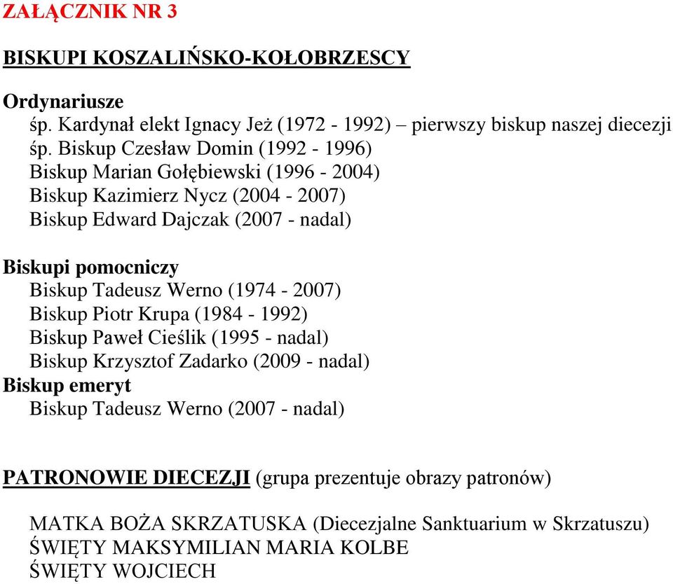 Biskup Tadeusz Werno (1974-2007) Biskup Piotr Krupa (1984-1992) Biskup Paweł Cieślik (1995 - nadal) Biskup Krzysztof Zadarko (2009 - nadal) Biskup emeryt Biskup