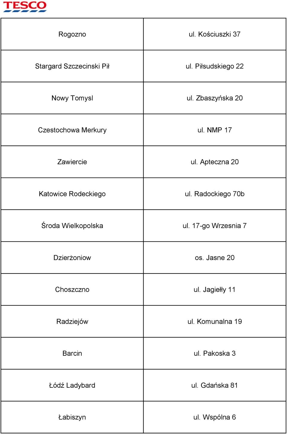 Radockiego 70b Środa Wielkopolska ul. 17-go Wrzesnia 7 Dzierżoniow os. Jasne 20 Choszczno ul.