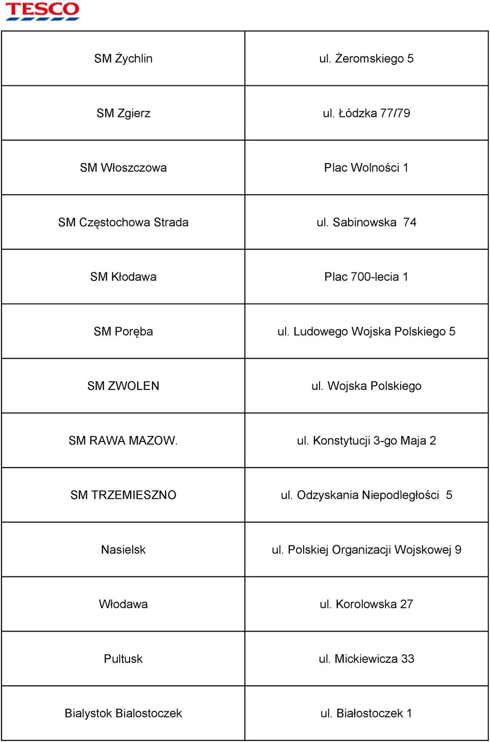 Wojska Polskiego SM RAWA MAZOW. ul. Konstytucji 3-go Maja 2 SM TRZEMIESZNO ul.