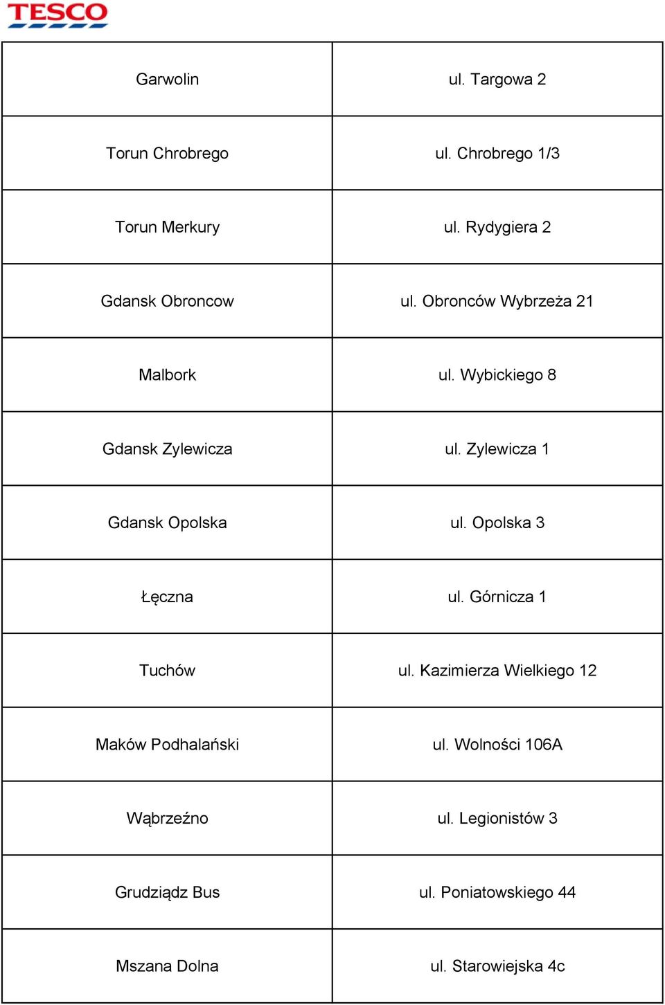 Zylewicza 1 Gdansk Opolska ul. Opolska 3 Łęczna ul. Górnicza 1 Tuchów ul.