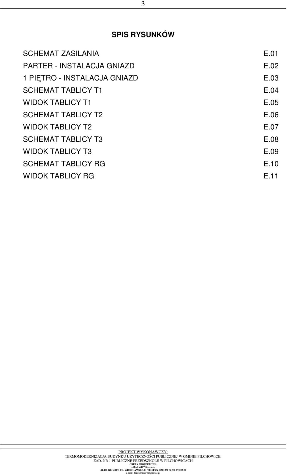 04 WIDOK TABLICY T1 E.05 SCHEMAT TABLICY T2 E.06 WIDOK TABLICY T2 E.