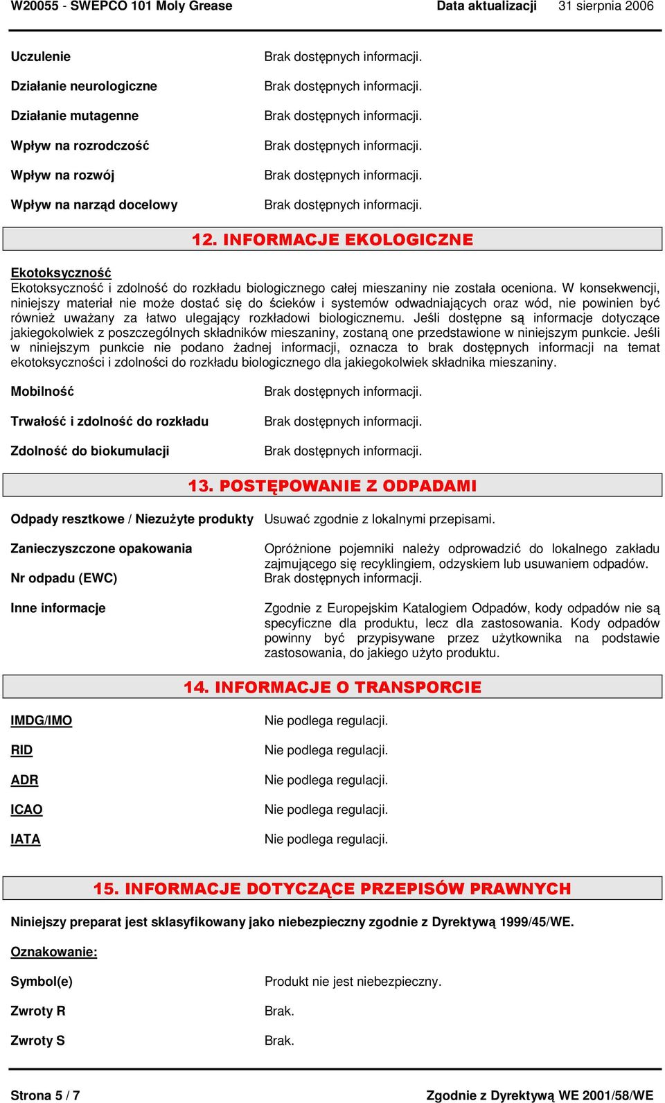 W konsekwencji, niniejszy materiał nie moŝe dostać się do ścieków i systemów odwadniających oraz wód, nie powinien być równieŝ uwaŝany za łatwo ulegający rozkładowi biologicznemu.