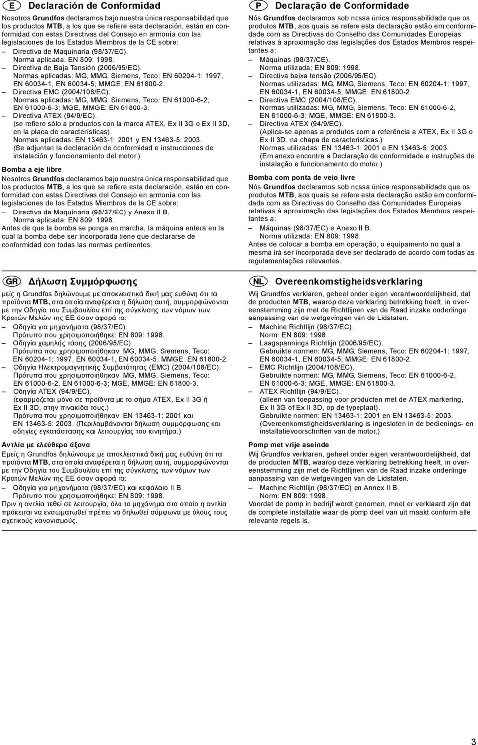 Normas aplicadas: MG, MMG, Siemens, Teco: EN 60204-1: 1997, Directiva EMC (2004/108/EC). Normas aplicadas: MG, MMG, Siemens, Teco: EN 61000-6-2, Directiva ATEX (94/9/EC).