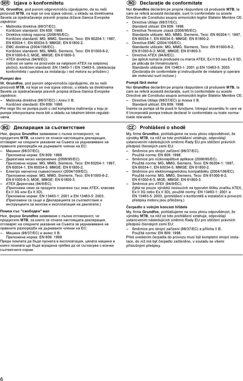 Korišćeni standardi: MG, MMG, Siemens, Teco: EN 60204-1: 1997, EMC direktiva (2004/108/EC). Korišćeni standardi: MG, MMG, Siemens, Teco: EN 61000-6-2, ATEX direktiva (94/9/EC).