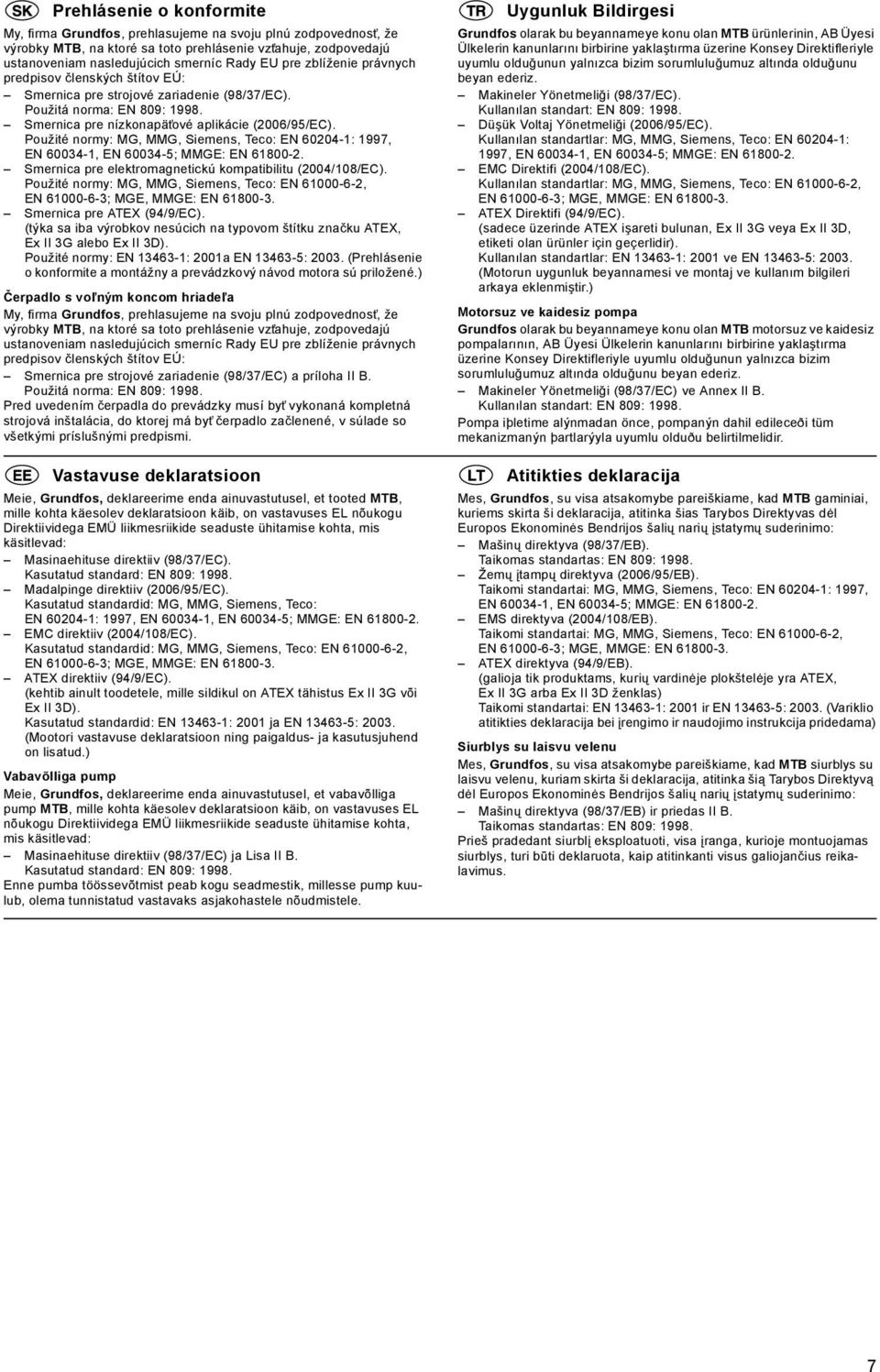Použité normy: MG, MMG, Siemens, Teco: EN 60204-1: 1997, Smernica pre elektromagnetickú kompatibilitu (2004/108/EC). Použité normy: MG, MMG, Siemens, Teco: EN 61000-6-2, Smernica pre ATEX (94/9/EC).