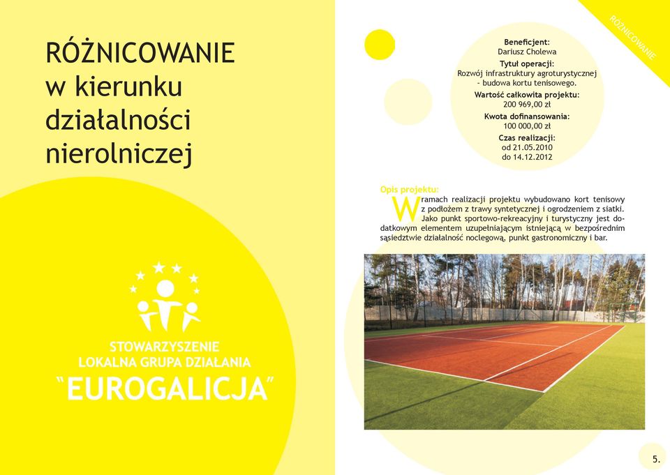 2012 W ramach realizacji projektu wybudowano kort tenisowy z podłożem z trawy syntetycznej i ogrodzeniem z siatki.