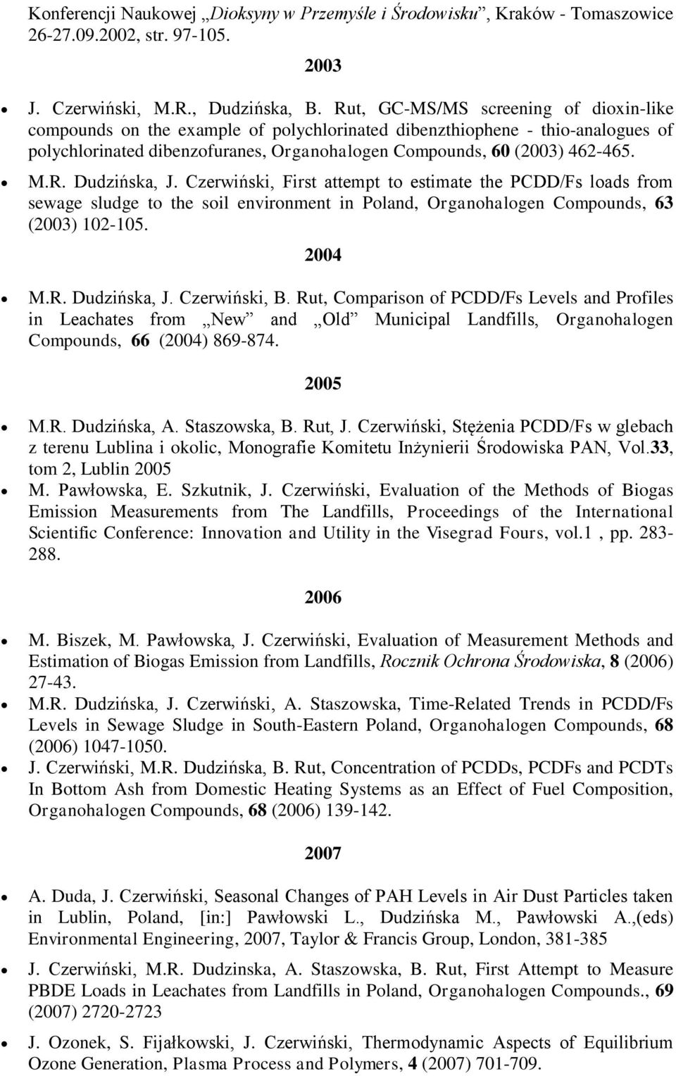 Czerwiński, First attempt to estimate the PCDD/Fs loads from sewage sludge to the soil environment in Poland, Organohalogen Compounds, 63 (2003) 102-105. 2004 M.R. Dudzińska, J. Czerwiński, B.