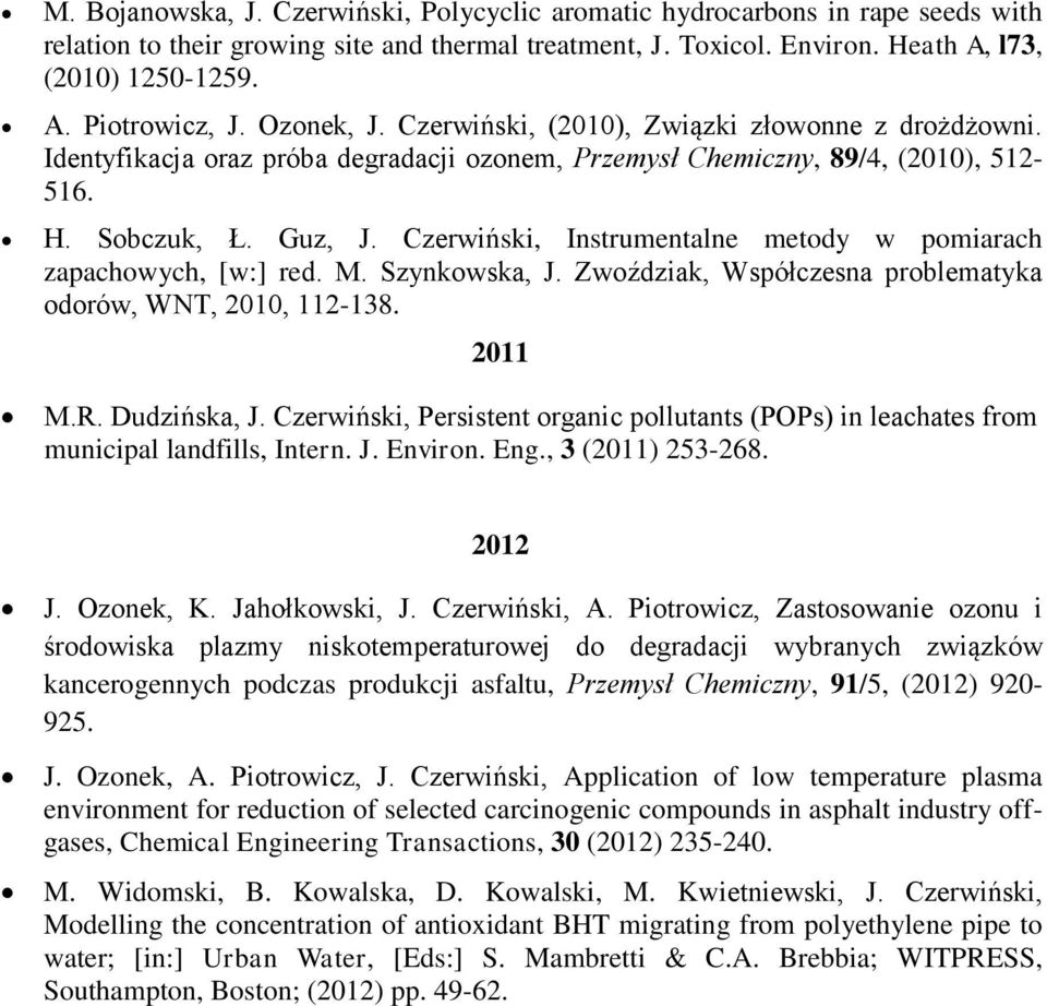 Czerwiński, Instrumentalne metody w pomiarach zapachowych, [w:] red. M. Szynkowska, J. Zwoździak, Współczesna problematyka odorów, WNT, 2010, 112-138. 2011 M.R. Dudzińska, J.