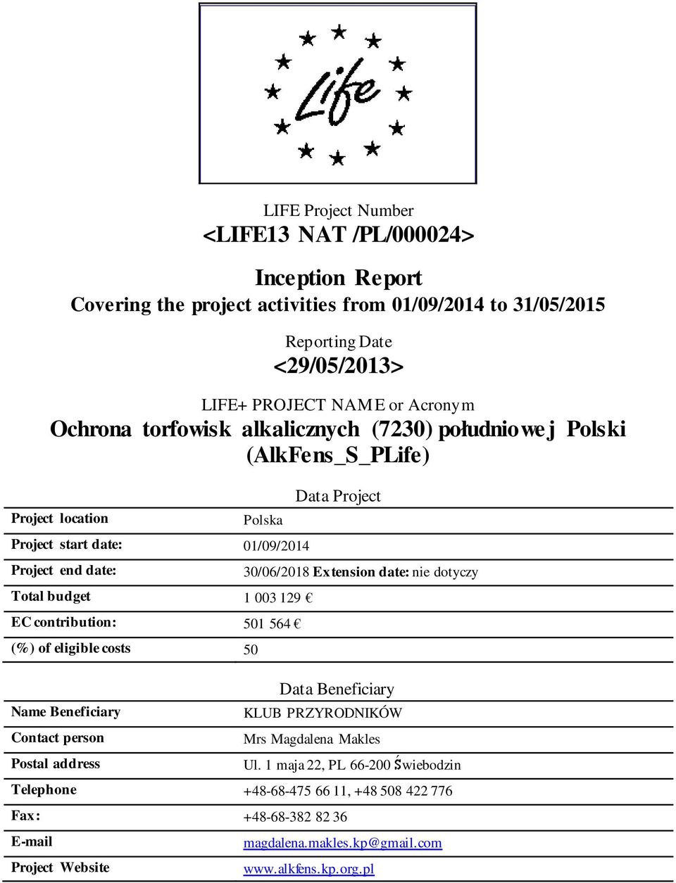 contribution: 501 564 (%) of eligible costs 50 Name Beneficiary Contact person Postal address Data Project 30/06/2018 Extension date: nie dotyczy Data Beneficiary KLUB PRZYRODNIKÓW