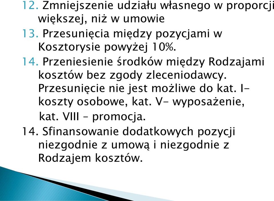 Przeniesienie środków między Rodzajami kosztów bez zgody zleceniodawcy.