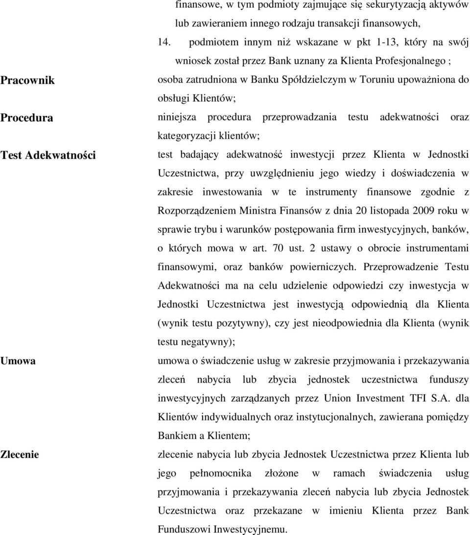 Klientów; Procedura niniejsza procedura przeprowadzania testu adekwatności oraz kategoryzacji klientów; Test Adekwatności test badający adekwatność inwestycji przez Klienta w Jednostki Uczestnictwa,