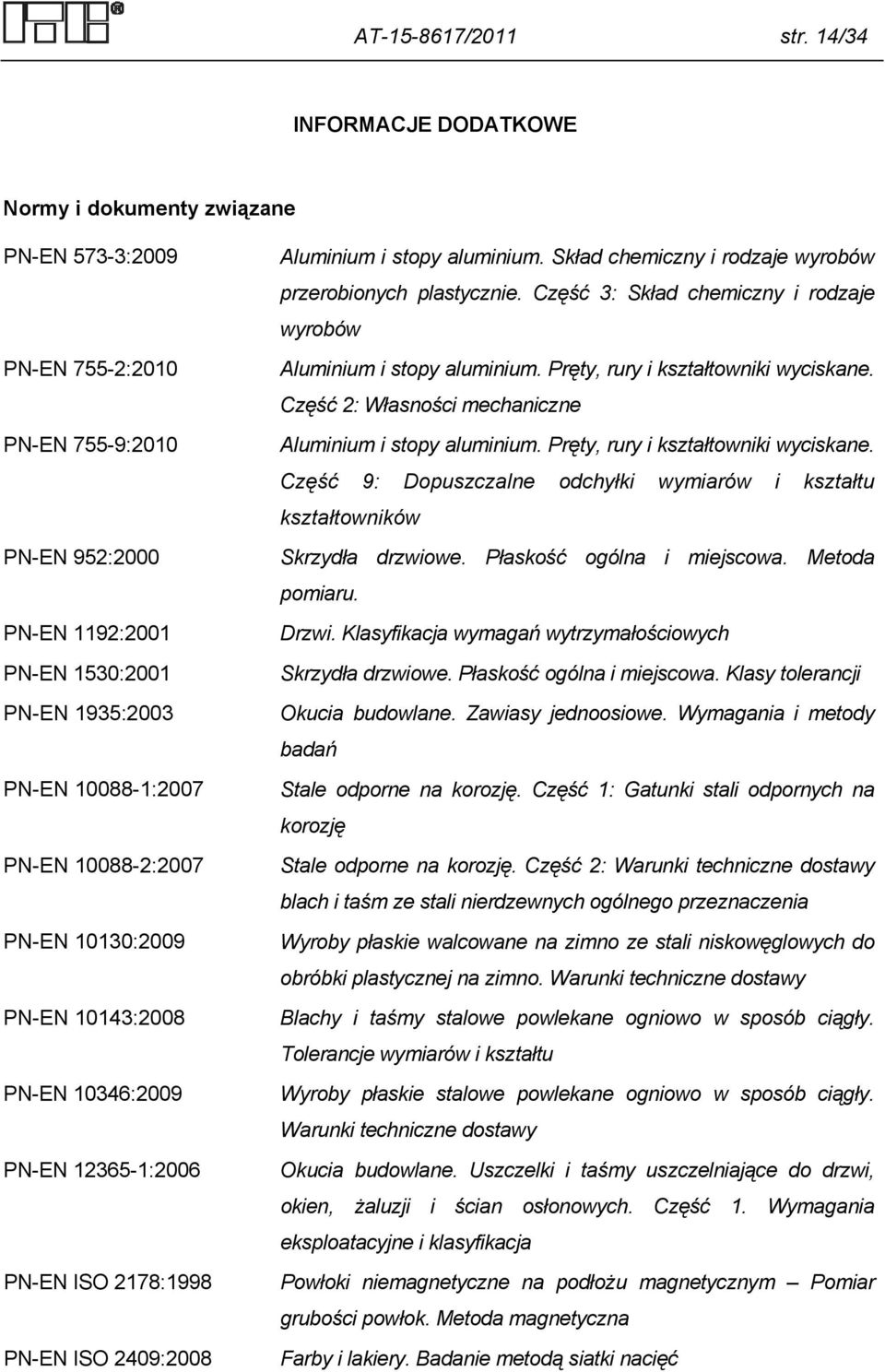 10088-2:2007 PN-EN 10130:2009 PN-EN 10143:2008 PN-EN 10346:2009 PN-EN 12365-1:2006 PN-EN ISO 2178:1998 PN-EN ISO 2409:2008 Aluminium i stopy aluminium.