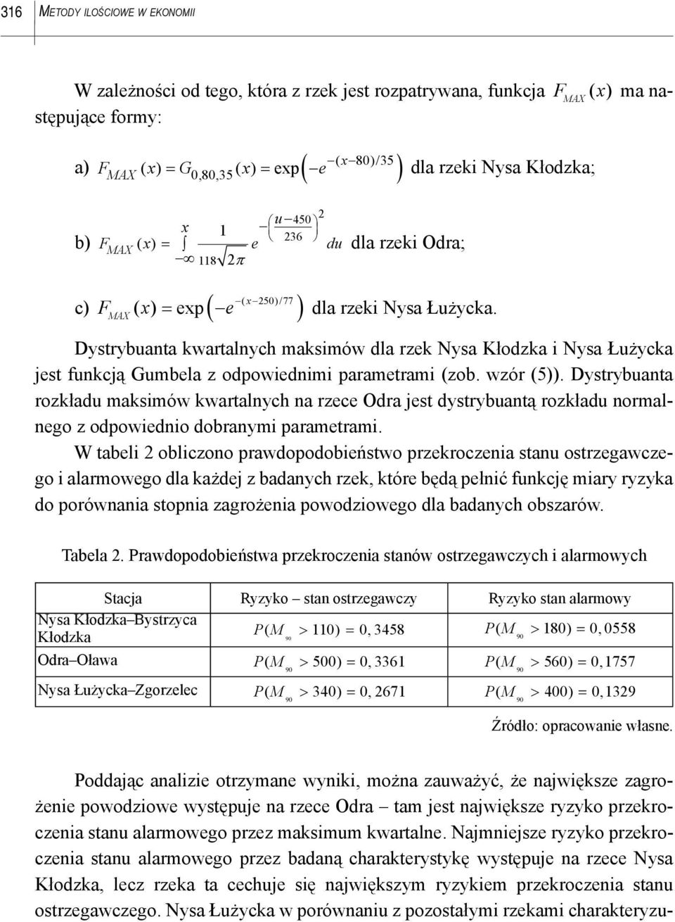 Dystrybuanta kwartalnych maksimów dla rzek Nysa Kłodzka i Nysa Łużycka jest funkcją Gumbela z odpowiednimi parametrami (zob. wzór (5)).