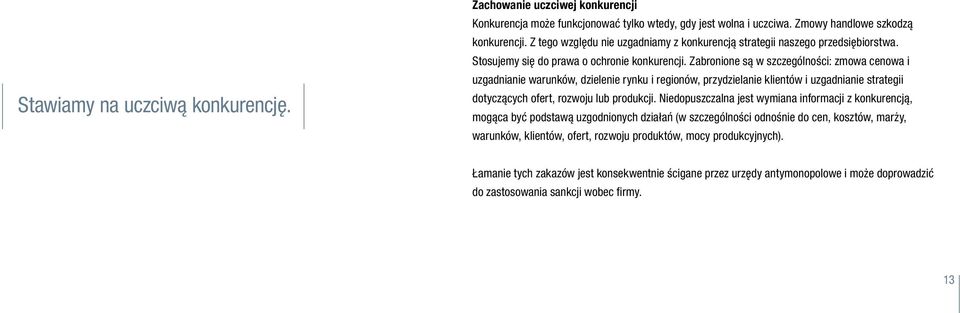 Zabronione są w szczególności: zmowa cenowa i uzgadnianie warunków, dzielenie rynku i regionów, przydzielanie klientów i uzgadnianie strategii dotyczących ofert, rozwoju lub produkcji.