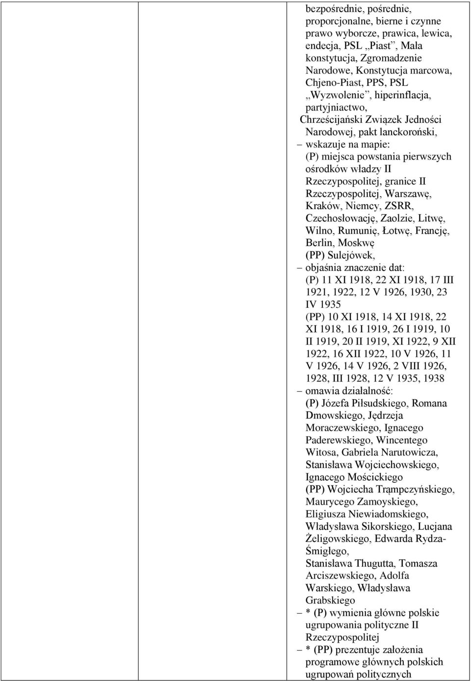 granice II Rzeczypospolitej, Warszawę, Kraków, Niemcy, ZSRR, Czechosłowację, Zaolzie, Litwę, Wilno, Rumunię, Łotwę, Francję, Berlin, Moskwę (PP) Sulejówek, objaśnia znaczenie dat: (P) 11 XI 1918, 22