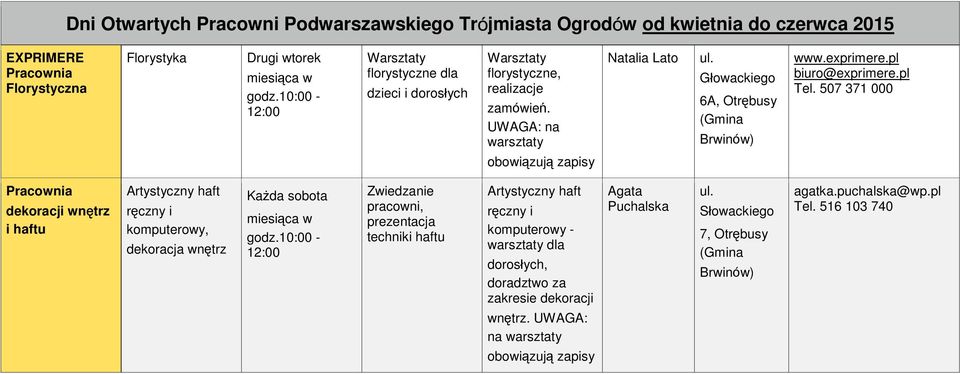 507 371 000 dekoracji wnętrz i haftu Artystyczny haft ręczny i komputerowy, dekoracja wnętrz Każda sobota miesiąca w godz.