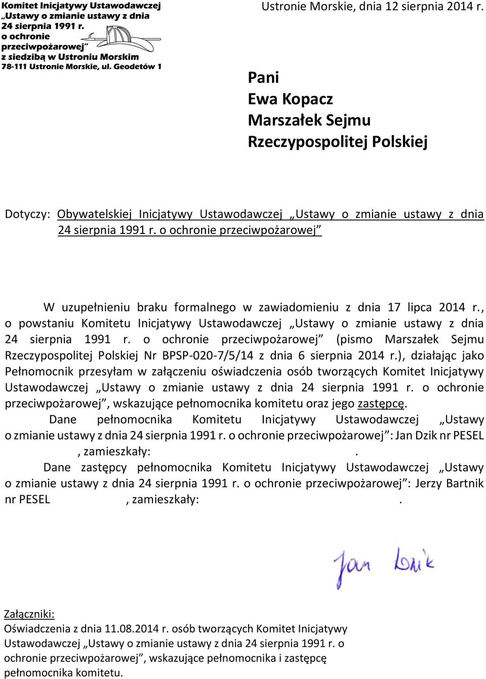 o ochronie przeciwpożarowej (pismo Marszałek Sejmu Rzeczypospolitej Polskiej Nr BPSP-020-7/5/14 z dnia 6 sierpnia 2014 r.