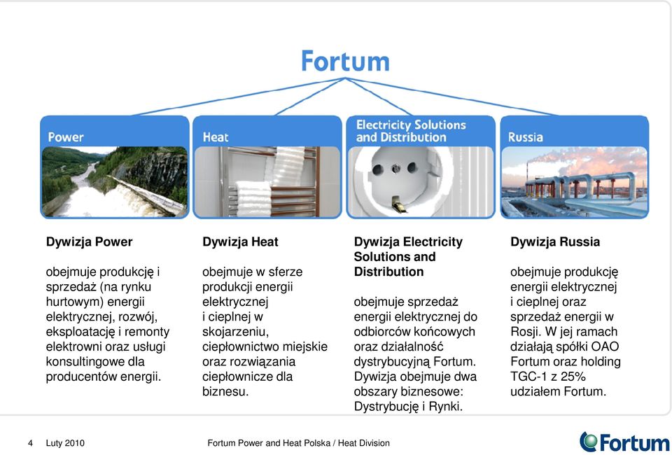 Dywizja Electricity Solutions and Distribution obejmuje sprzedaŝ energii elektrycznej do odbiorców końcowych oraz działalność dystrybucyjną Fortum.